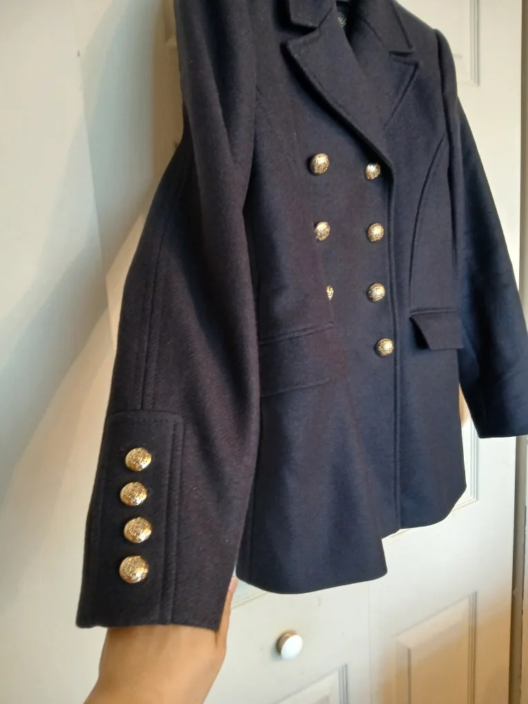 Zara Manteco navy blue button up pea coat, size medium (M) image indicator(3)