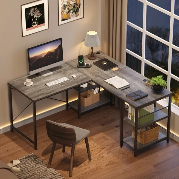 L-Shaped Corner Desk with Shelves