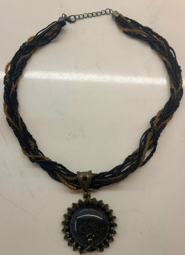 Peacock Pendant Necklace - Black & Gold