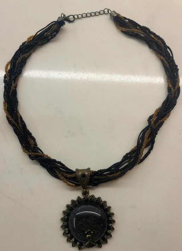 Peacock Pendant Necklace - Black & Gold thumbnail