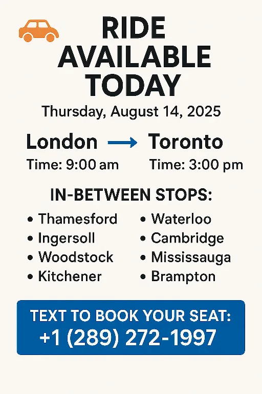 Ride Available: London to Toronto, Aug 14, 2025 thumbnail
