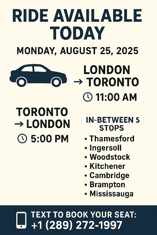 🚗 Ride Available Today – London ↔ Toronto (Round Trip) thumbnail