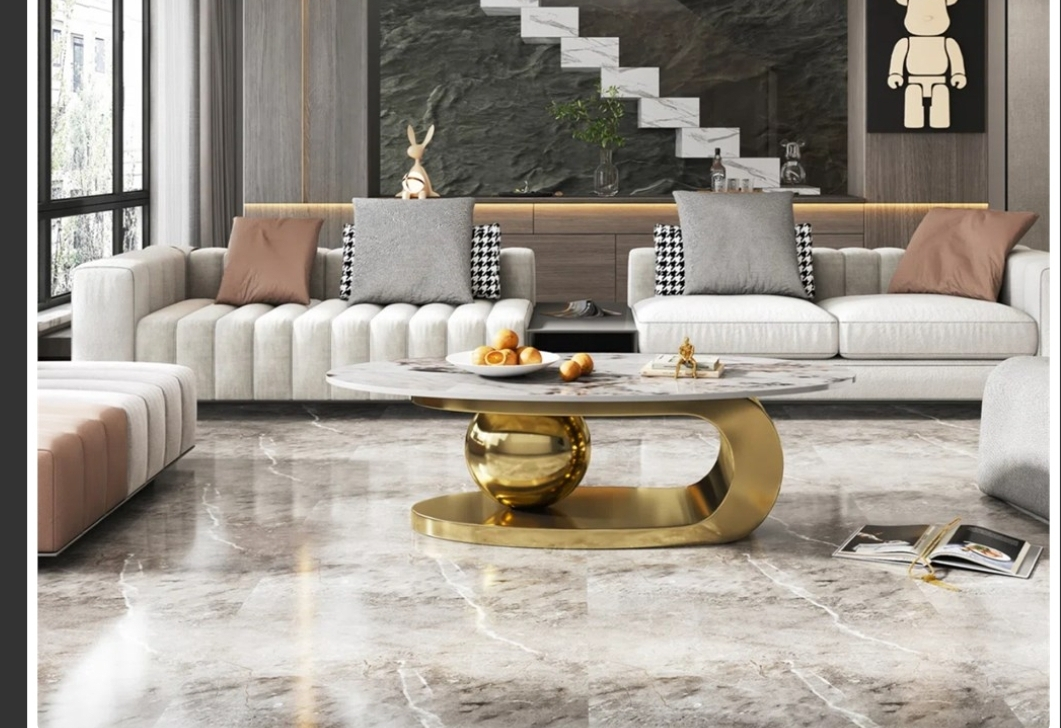New Modern Oval Stone Coffee Table - Gold & Marble - photo 2