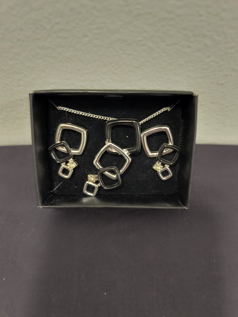 Necklace & Earring Set - Silvertone & Black