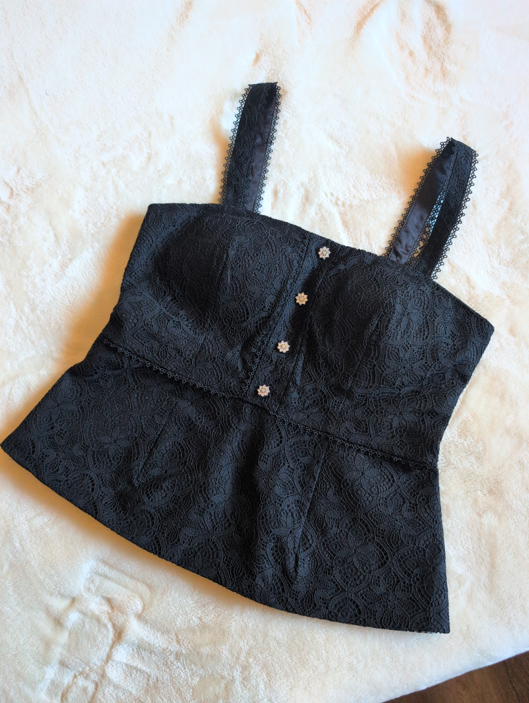 Black Lace Top with Rhinestone Buttons