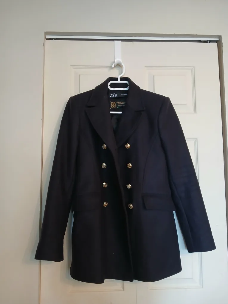 Zara Manteco navy blue button up pea coat, size medium (M) image indicator(9)