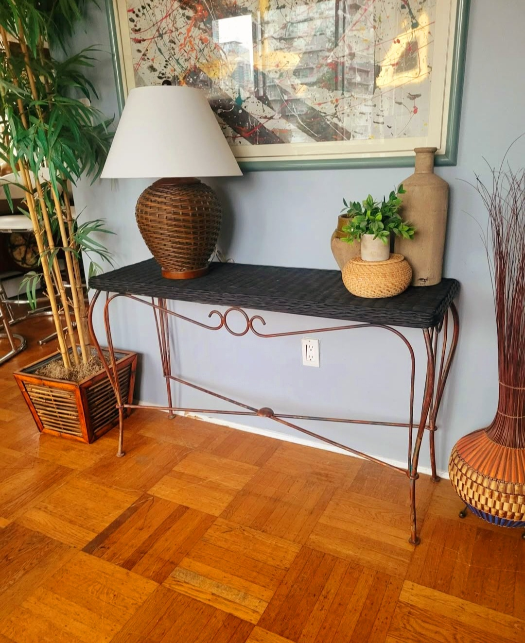 Vintage Dark Green Wicker Console Table With Wrought Iron Frame