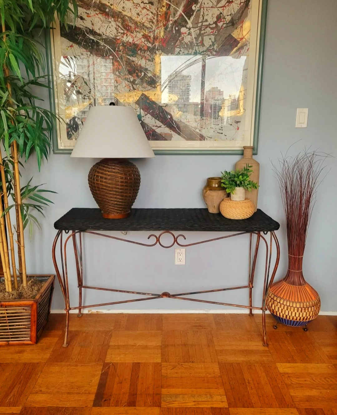 Vintage Dark Green Wicker Console Table With Wrought Iron Frame - photo 2
