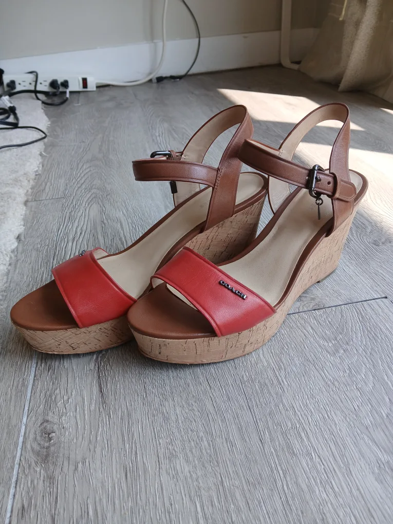 COACH fran platform wedge sandals in red and brown, size 8 thumbnail