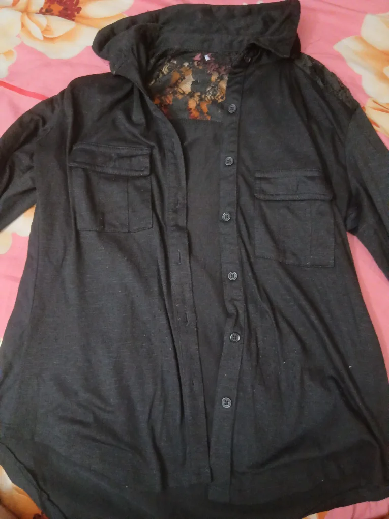 Black Button-Up Shirt with lace detailing thumbnail