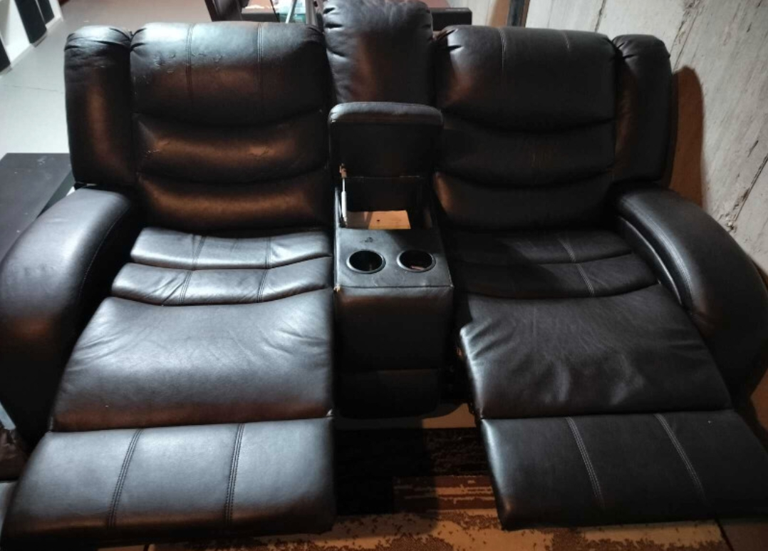 Black Leather Double Recliner with Console