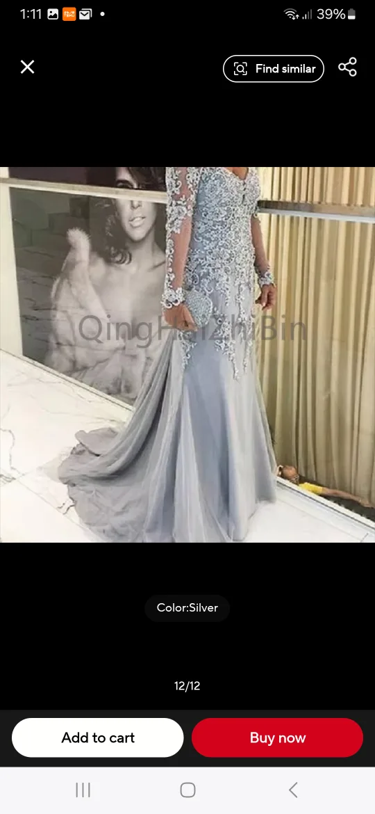 Silver Lace Long Sleeve Formal Dress thumbnail
