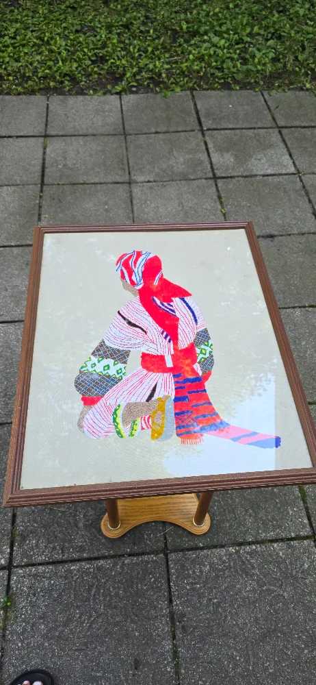Vintage Framed Needlepoint Art on Wooden Table thumbnail