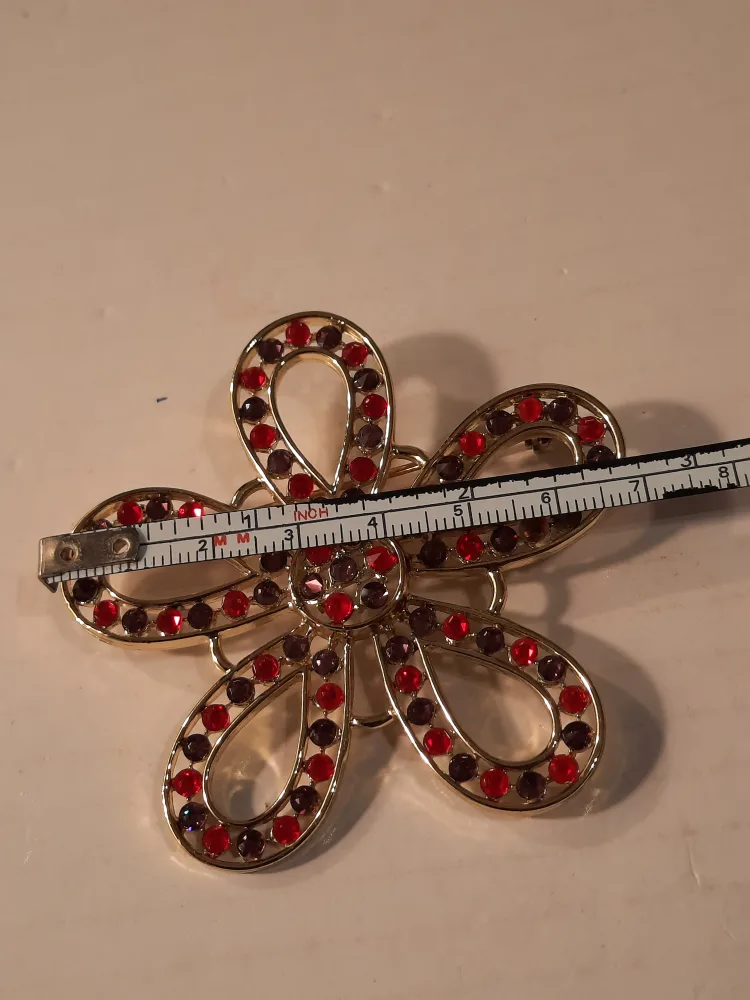 Flower Brooch - Gold Tone with Red & Purple Rhinestones image indicator(4)