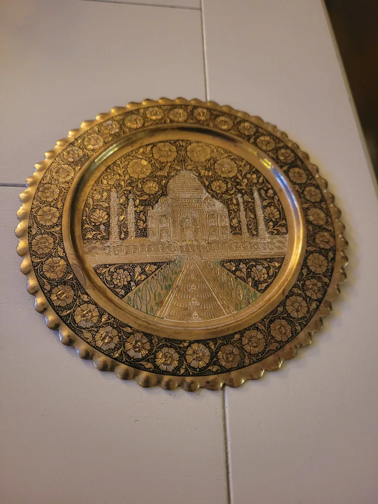 Vintage Decorative Engraved Taj Mahal Brass Plate thumbnail
