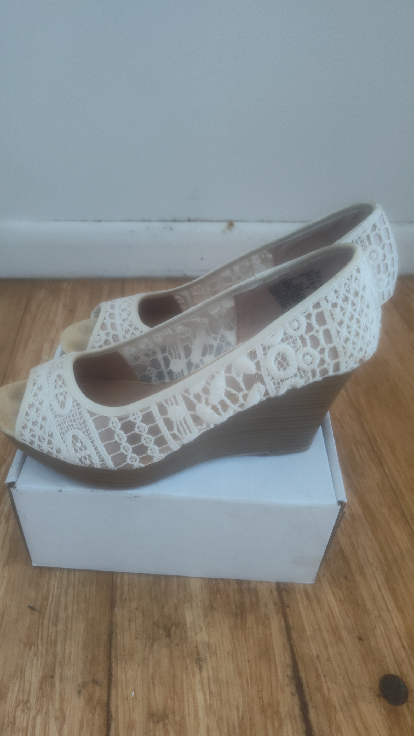 White Lace Open Toe Wedge Heels