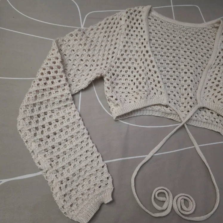 Cropped Crochet Knit Bolero Shrug - Beige image indicator(3)