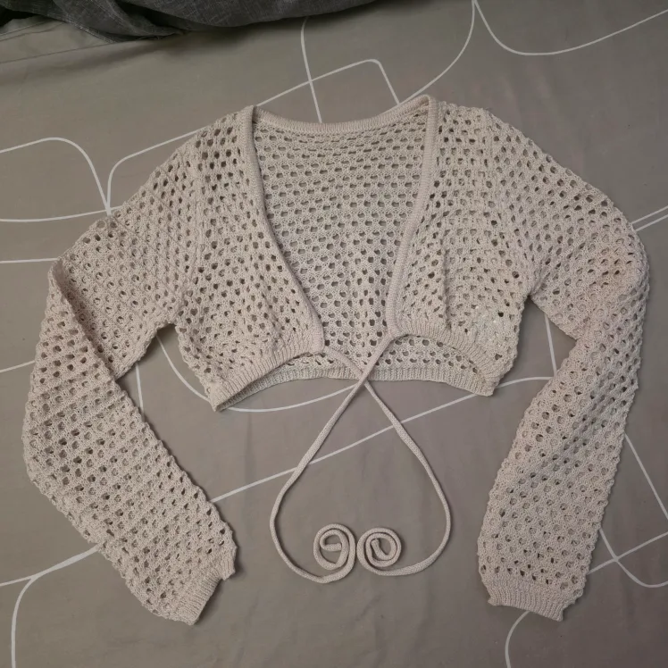 Cropped Crochet Knit Bolero Shrug - Beige image indicator(4)