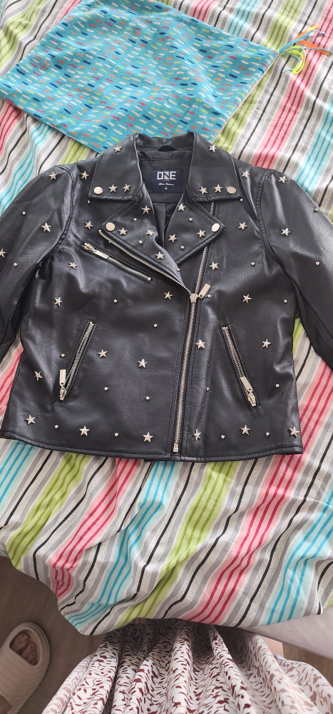 ONE medium size Black Faux Leather Star Studded Jacket