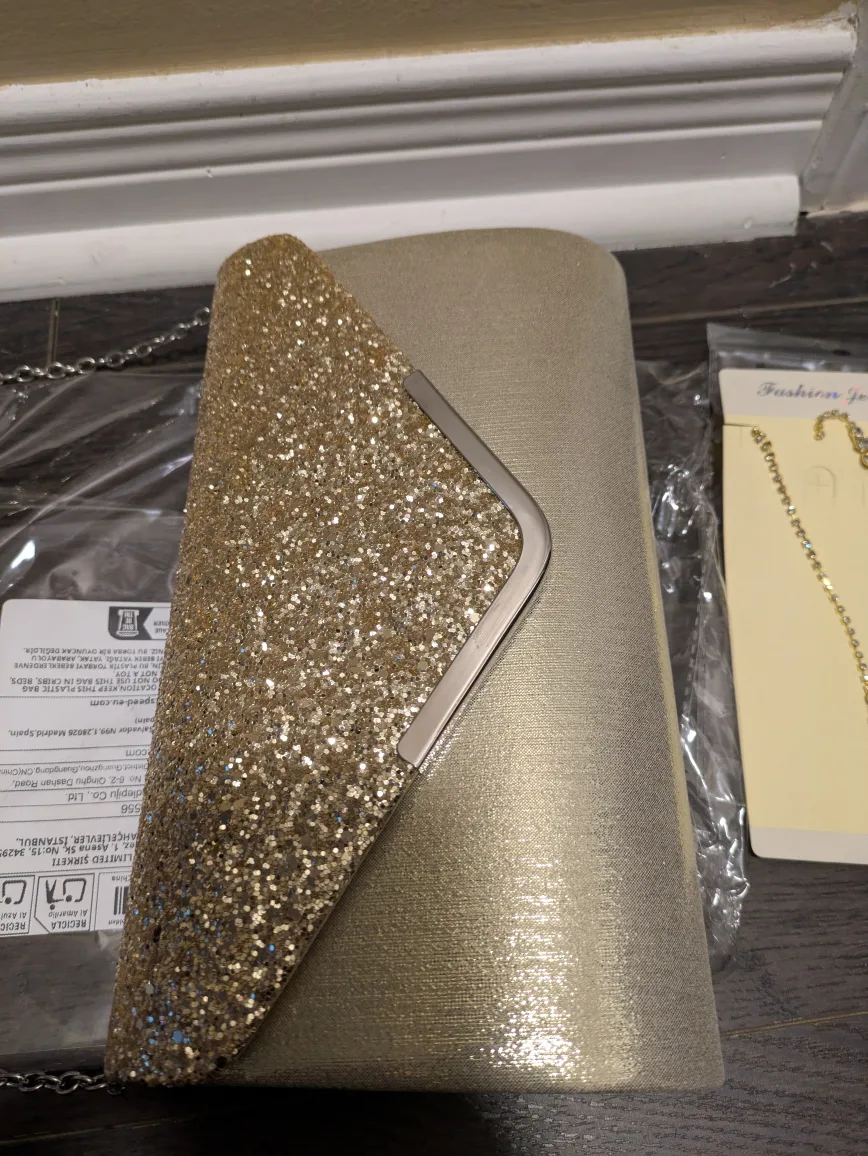 brand new golden glitter evening bag with jewelry combo image indicator(6)