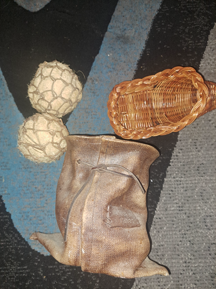Wicker Basket, Balls, and Decorative Bag