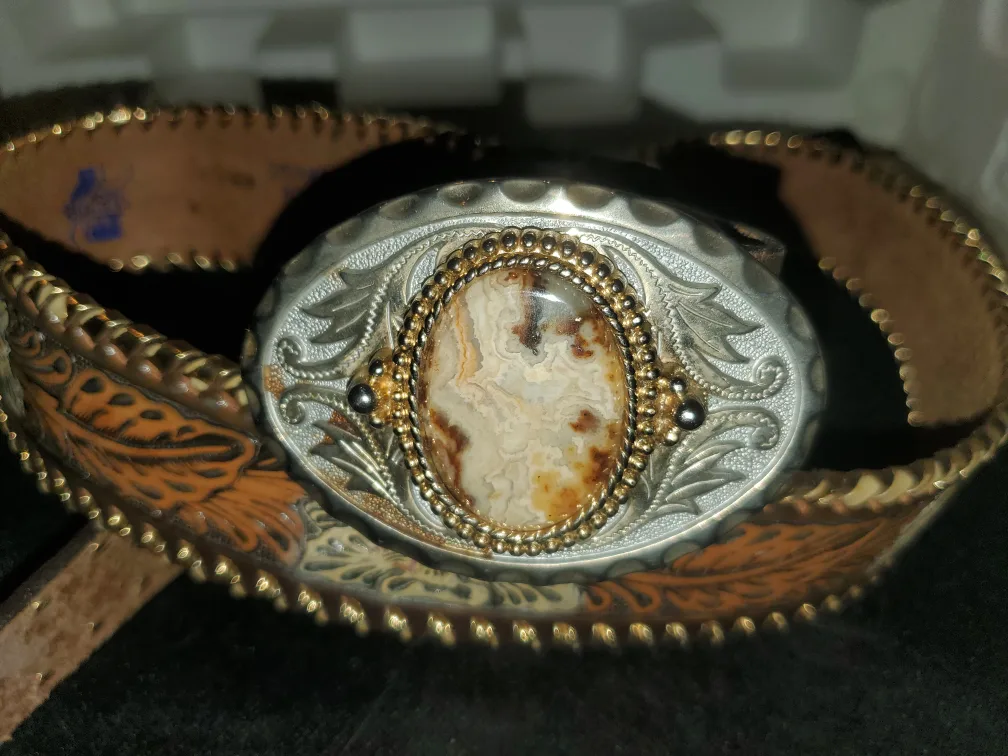 Vintage Leather Belt with Agate Buckle - Size 34 thumbnail