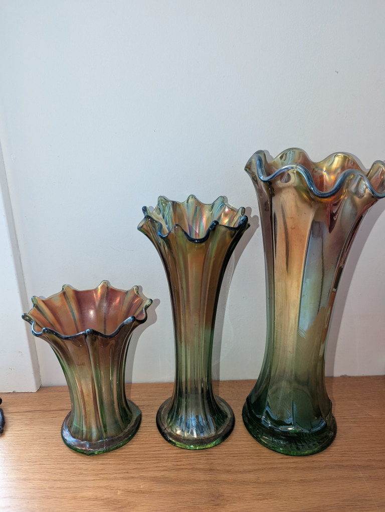 3 Iridescent Green Northwood Vases $30 each