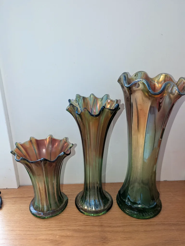 3 Iridescent Green Northwood Vases $35 each thumbnail