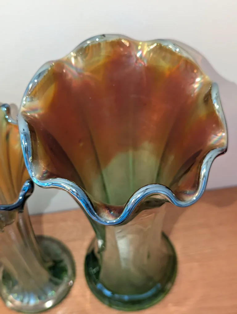 3 Iridescent Green Northwood Vases $35 each image indicator(6)