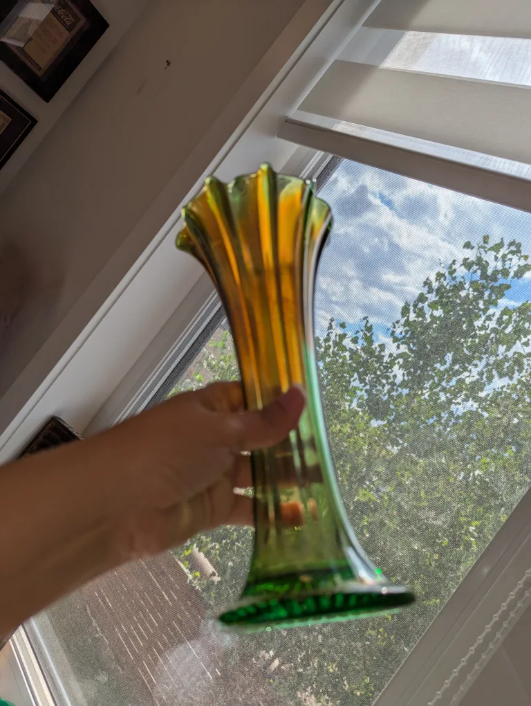 3 Iridescent Green Northwood Vases $35 each image indicator(9)
