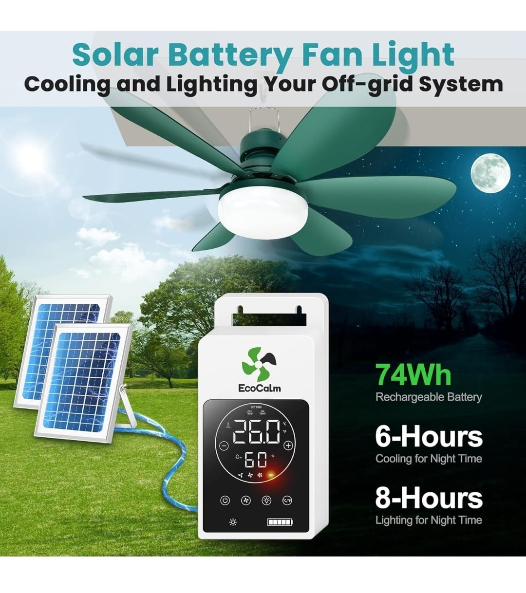 EcoCalm 20 inch Solar Battery Fan Light - Green