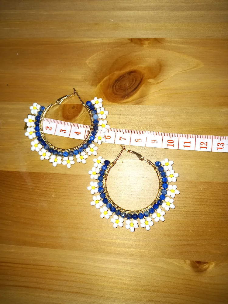 Daisy Beaded Hoop Earrings 😍  with natural blue stone image indicator(4)