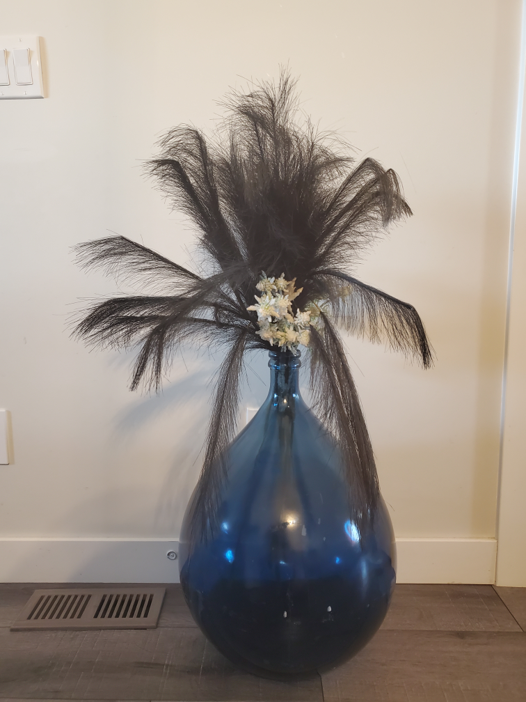 Large Blue Glass Vase with Feather Arrangement