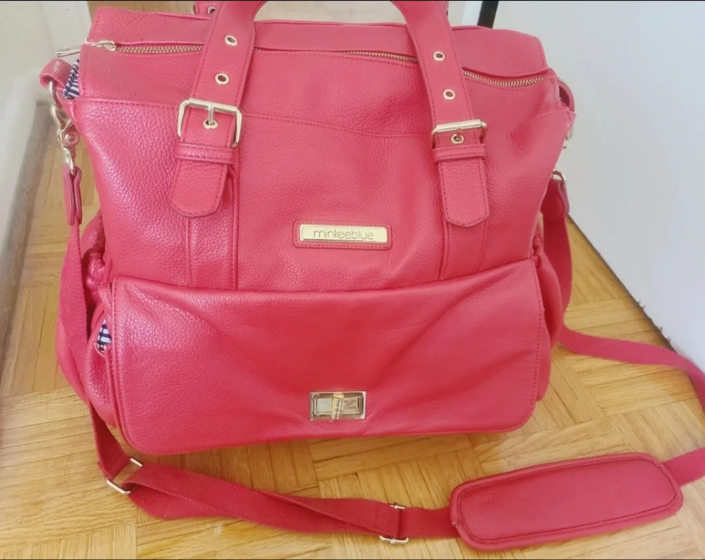 MinkeeBlue Red Leather Diaper Bag thumbnail