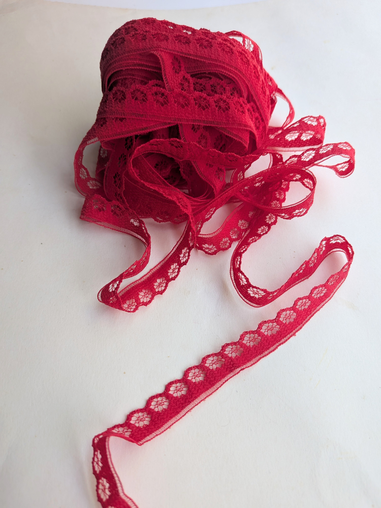 TEN YARDS narrow cherry red floral Lace trim half inch wide