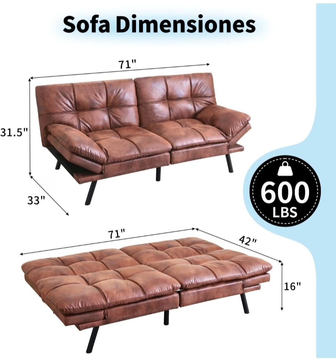 MLILY Brown Faux Leather Convertible Futon Sofa Bed - photo 5