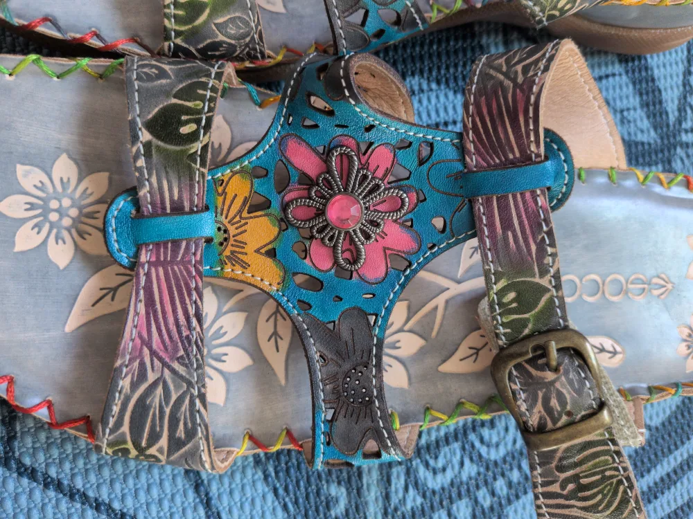 Socofy Floral Leather Sandals Size 8/39 image indicator(5)
