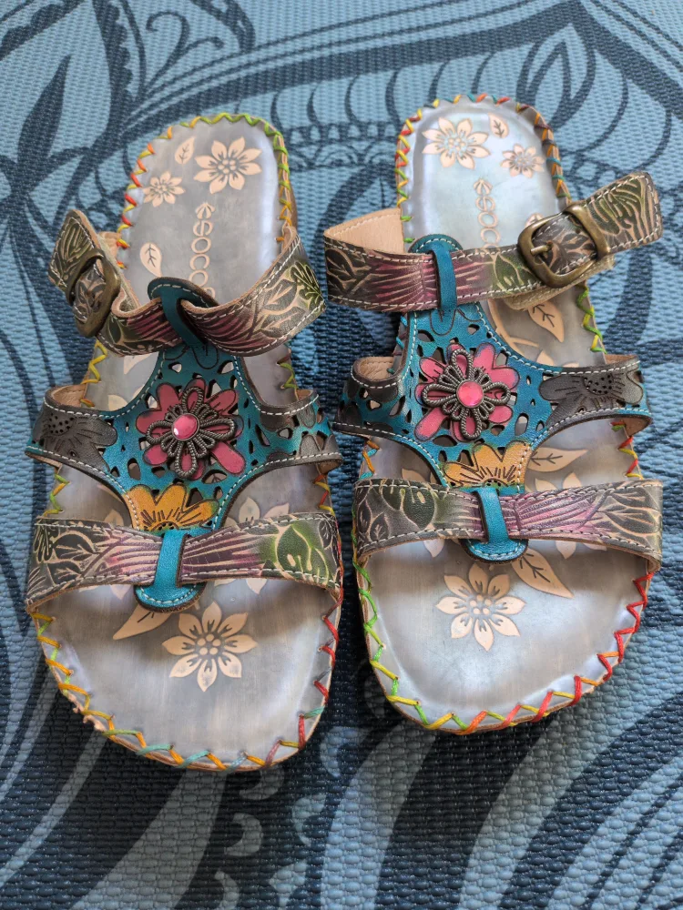 Socofy Floral Leather Sandals Size 8/39 image indicator(6)