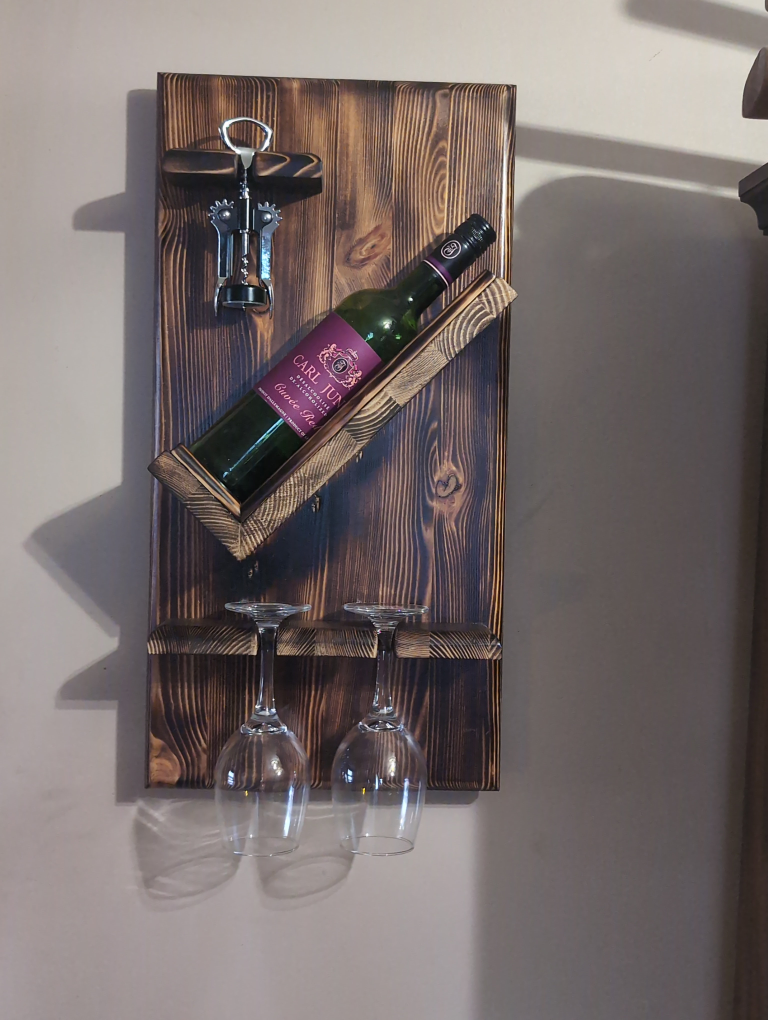 Handcrafted Wooden Wine Rack with Corkscrew & Glass Holders