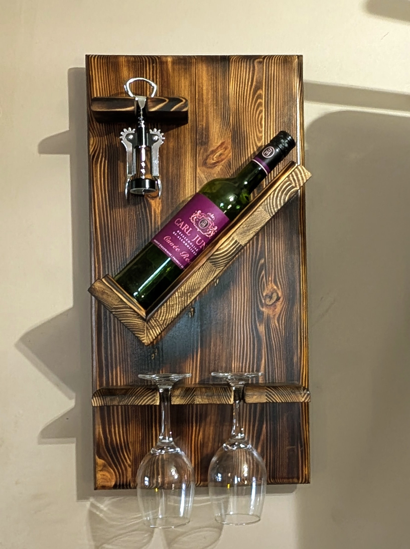 Handcrafted Wooden Wine Rack with Corkscrew & Glass Holders - photo 2