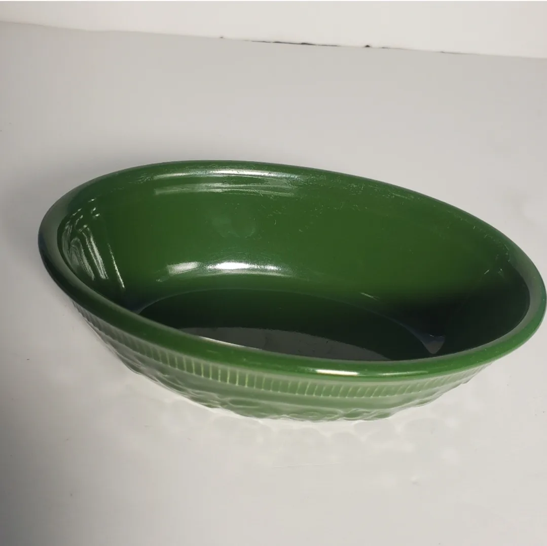 Vintage Genuine Glass Small Green Oval Bowl TST Serving USA image indicator(4)