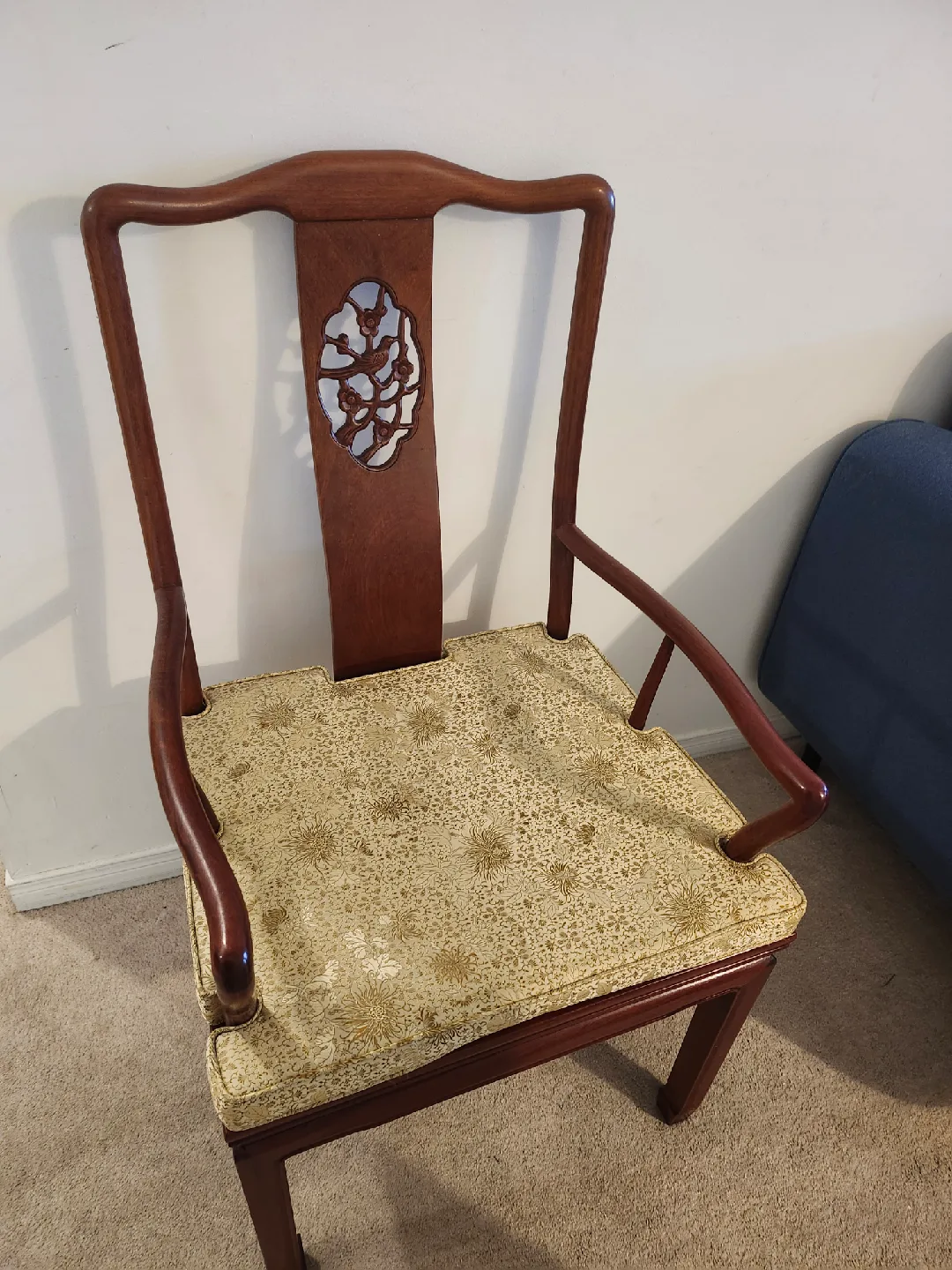 Antique Chinese Armchair with Floral Cushion thumbnail