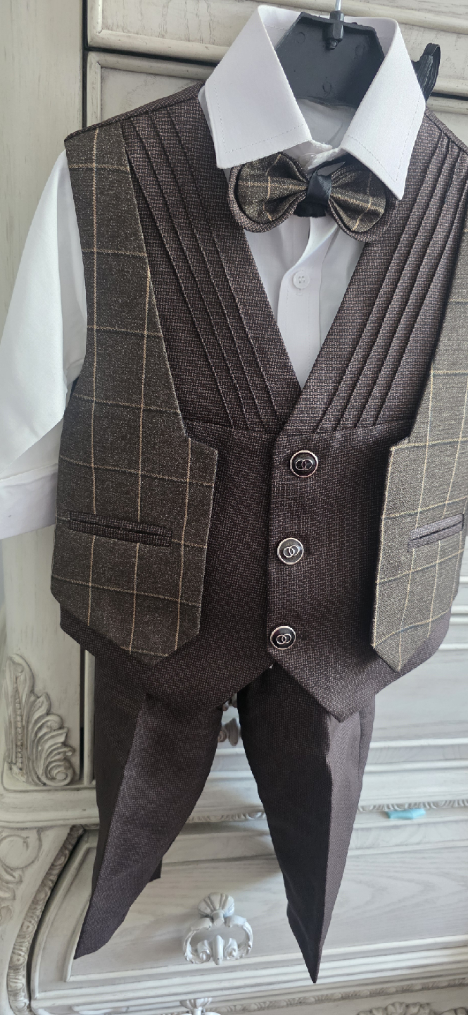 Boys Brown Plaid Suit with Bowtie