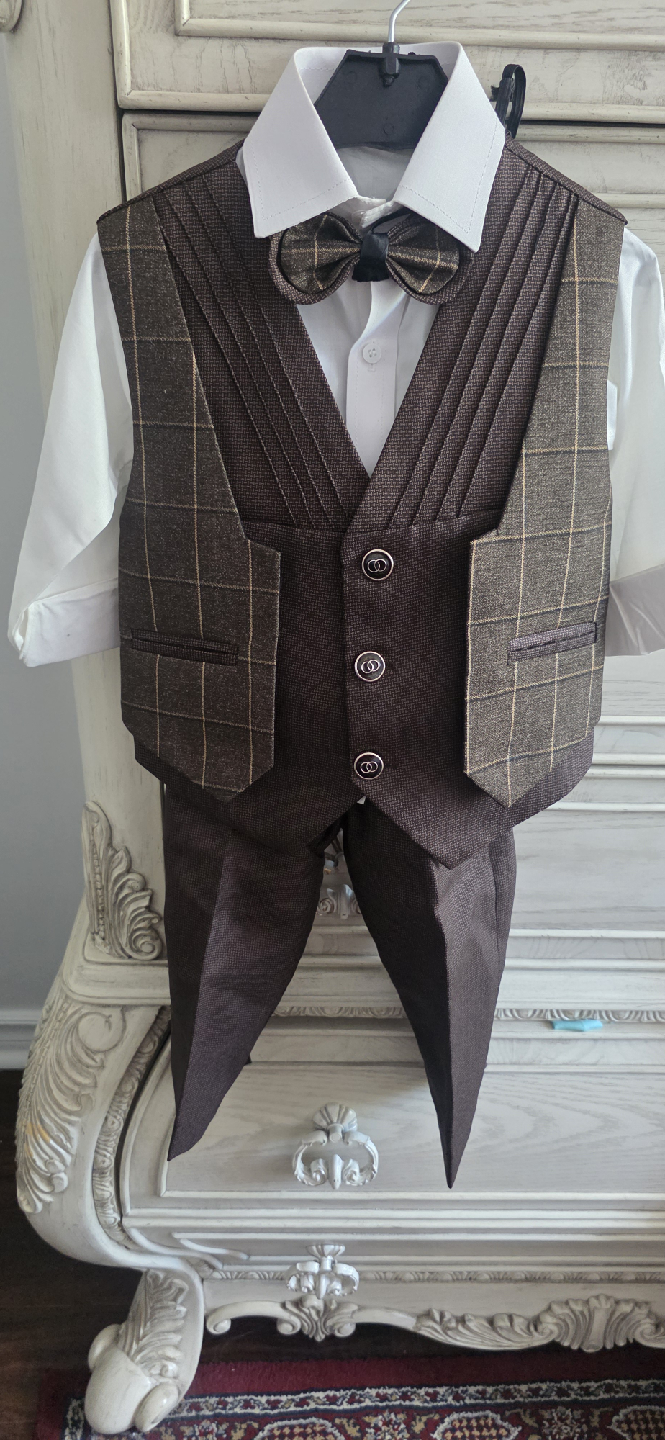 Boys Brown Plaid Suit with Bowtie - photo 2