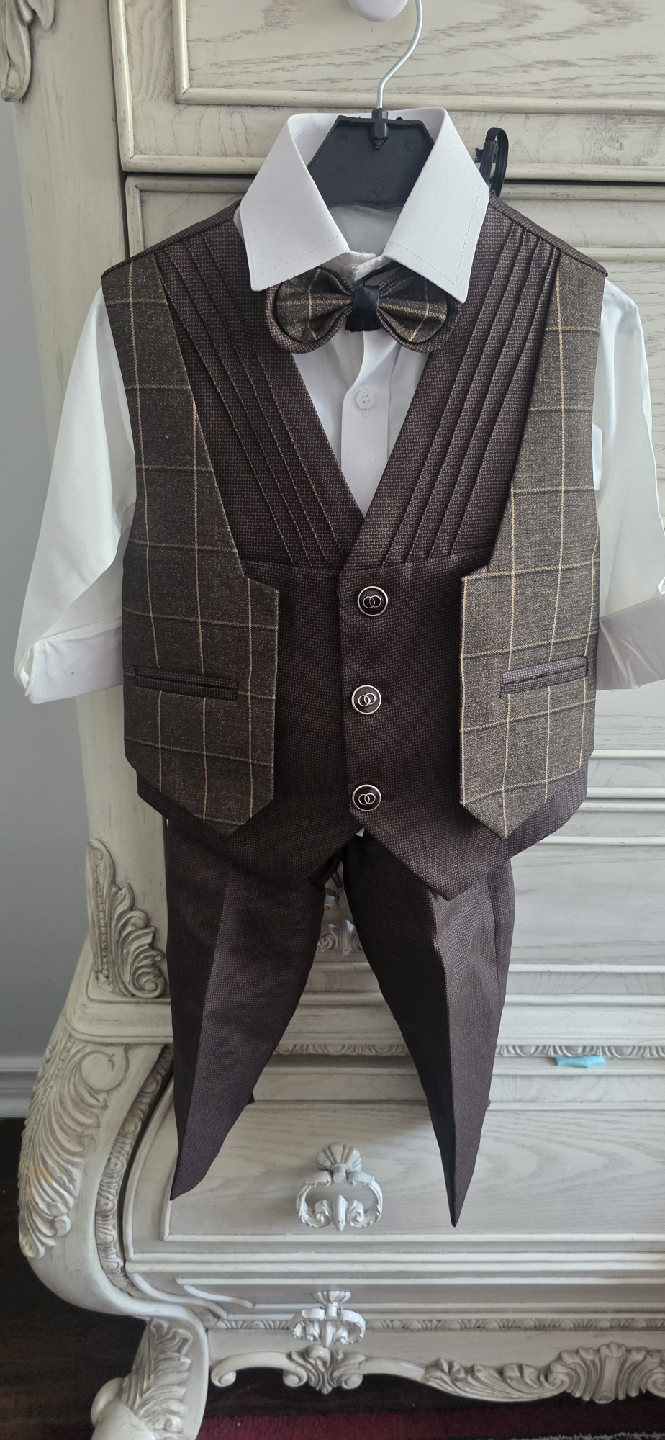 Boys Brown Plaid Suit with Bowtie - photo 3