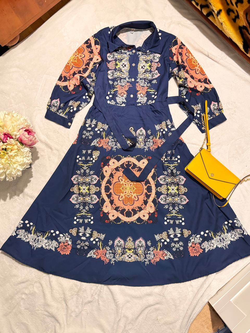 Belted Navy Blue Floral Dress
