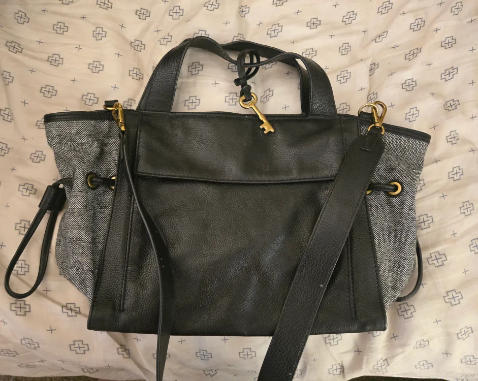 Fossil Black Leather & Tweed Satchel thumbnail