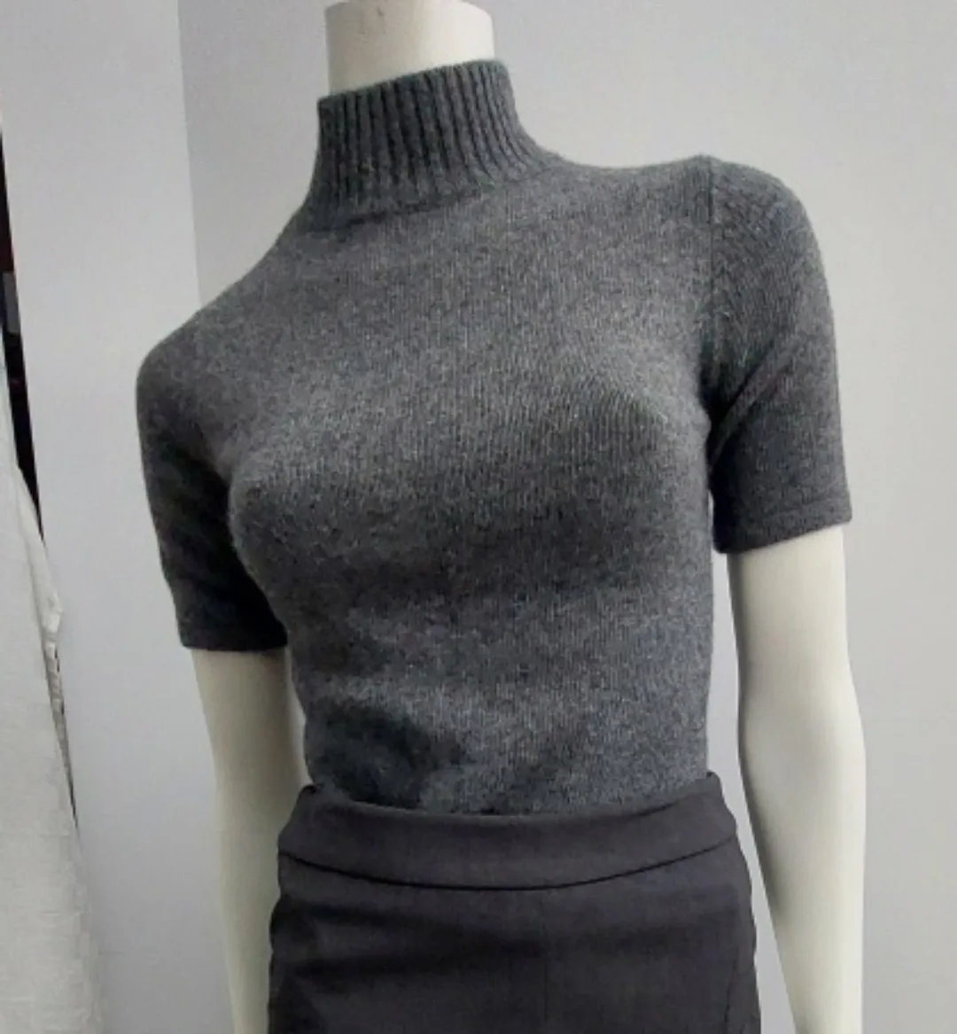 Women's Grey Short Sleeve Mock Neck cashmere blend Sweater thumbnail