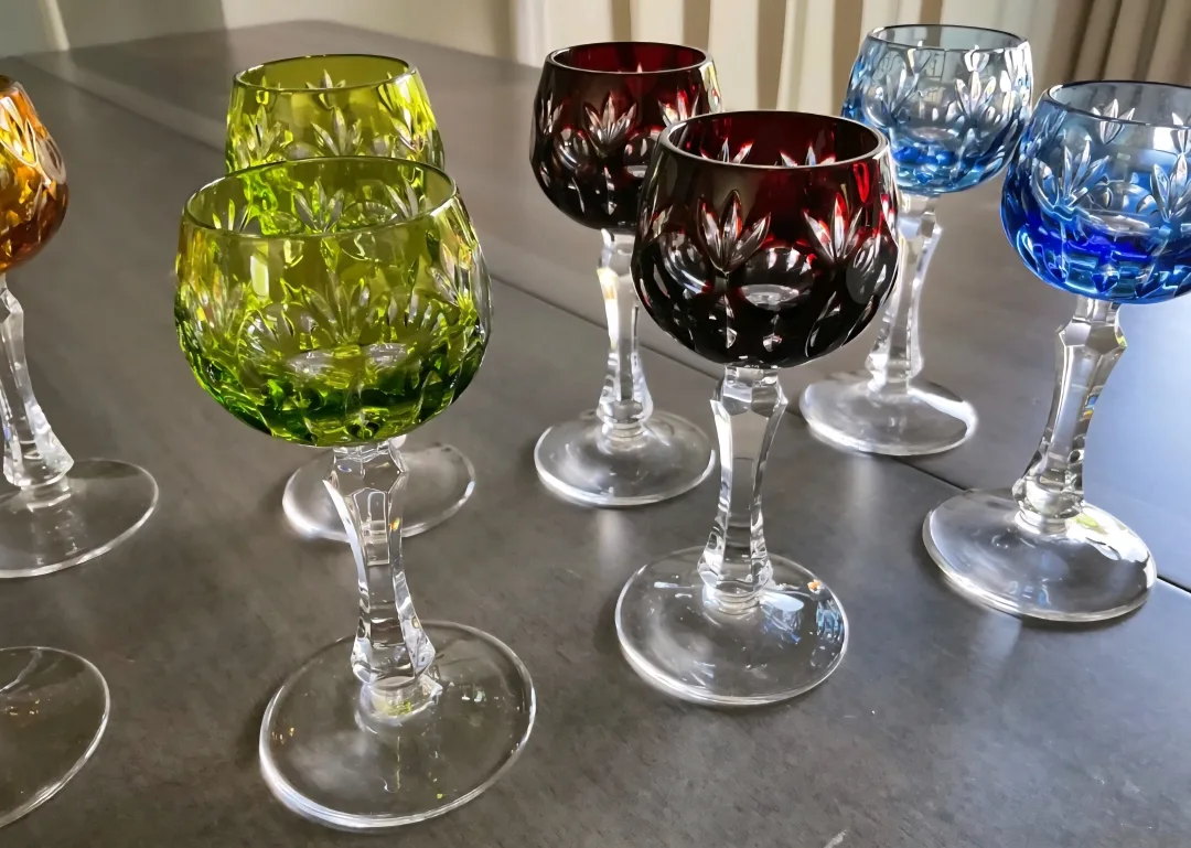 Vtg German Multi-colored set 8 , H 4" Crystal glasses image indicator(4)