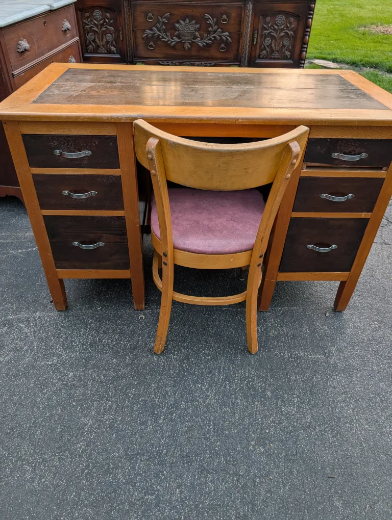 Vintage Wooden Desk with Chair image indicator(5)